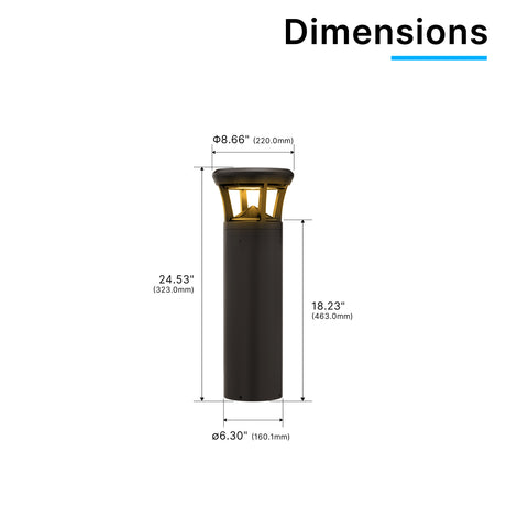Dimension drawing of flat top amber LED bollard light