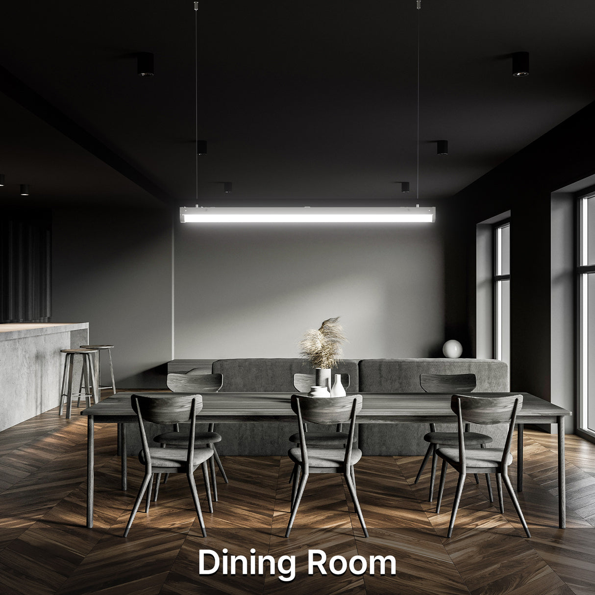 Dining room illuminated by LED linear strip lights