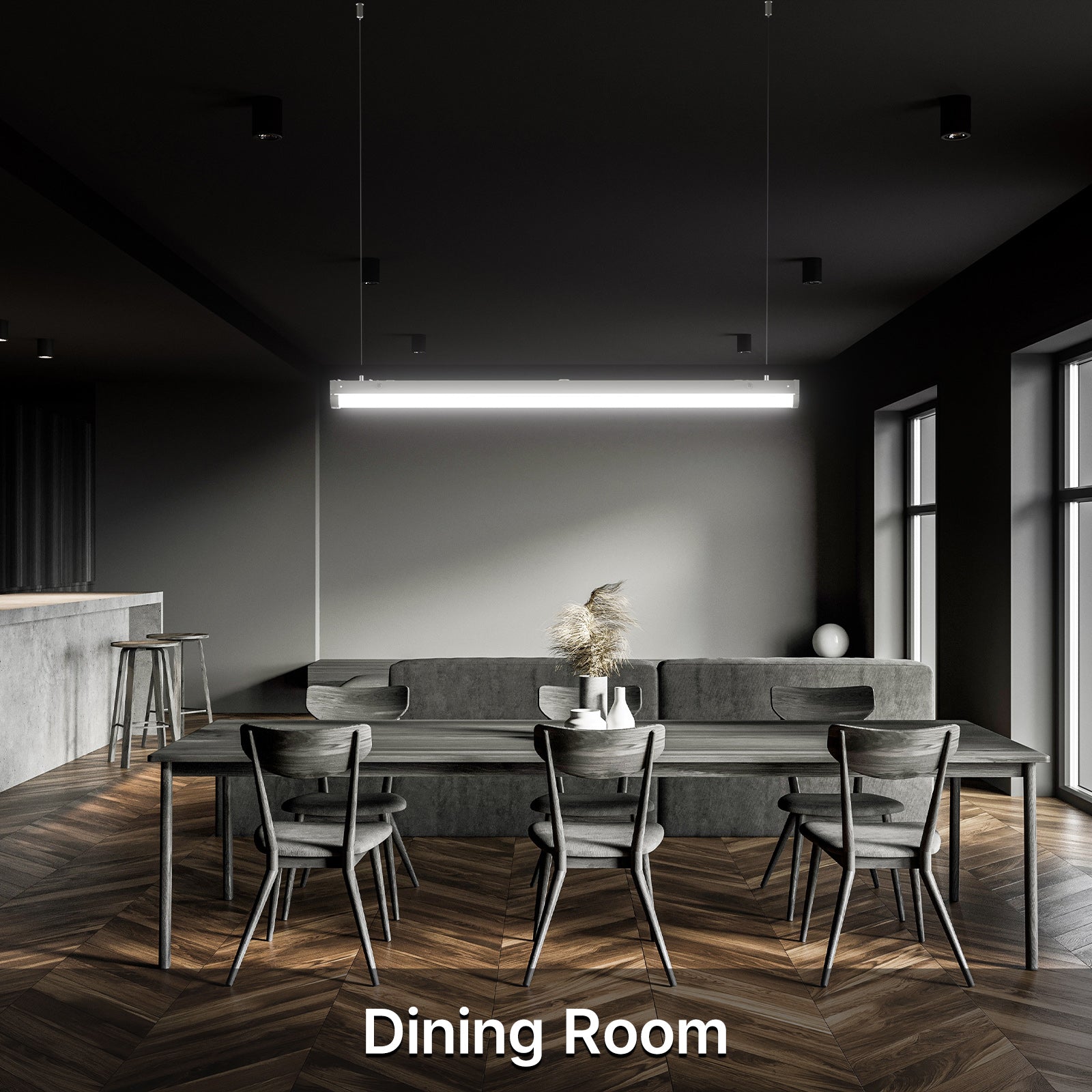 Dining room illuminated by LED linear strip lights