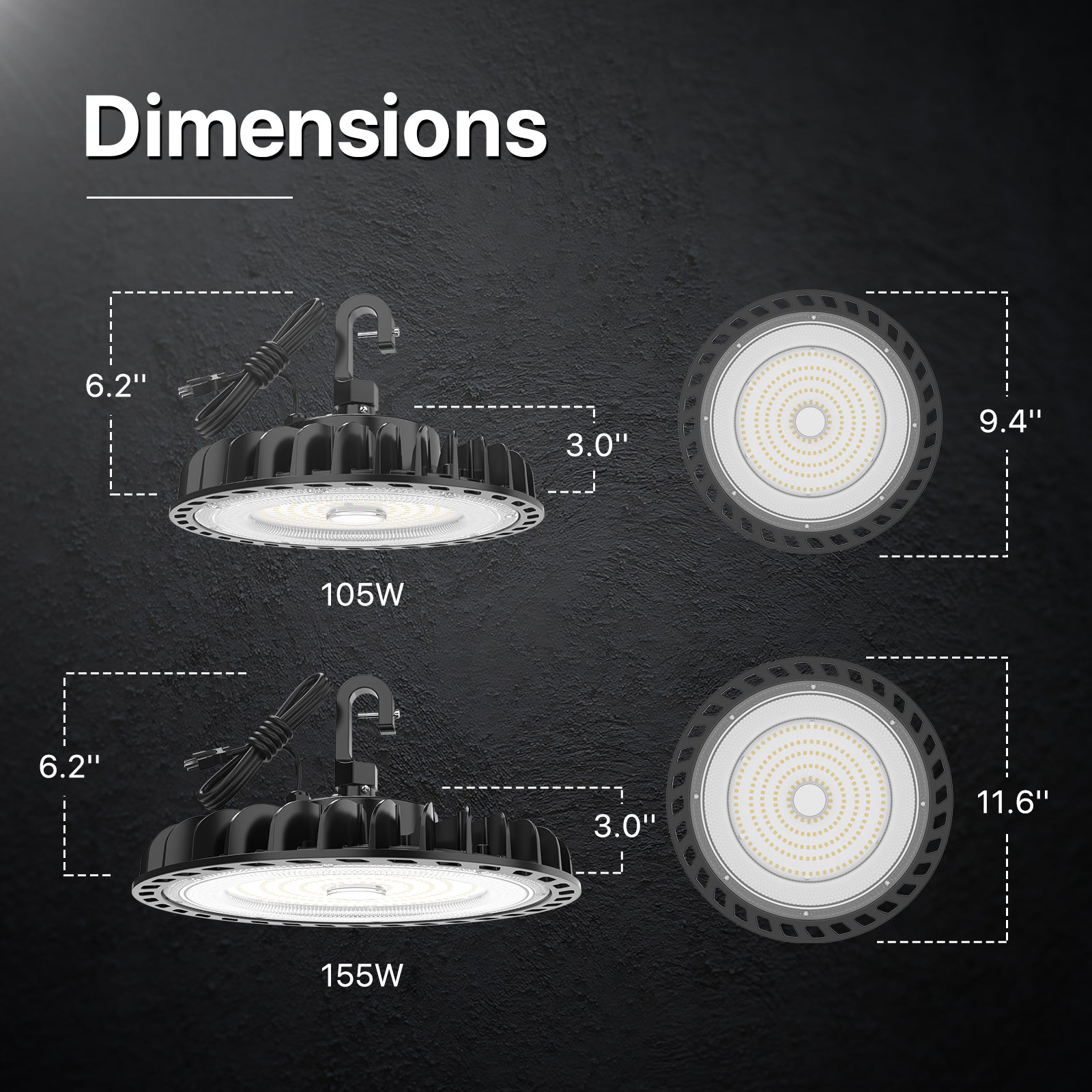 HYPERLITE UFO LED High Bay Light Dimensions - 105W & 155W