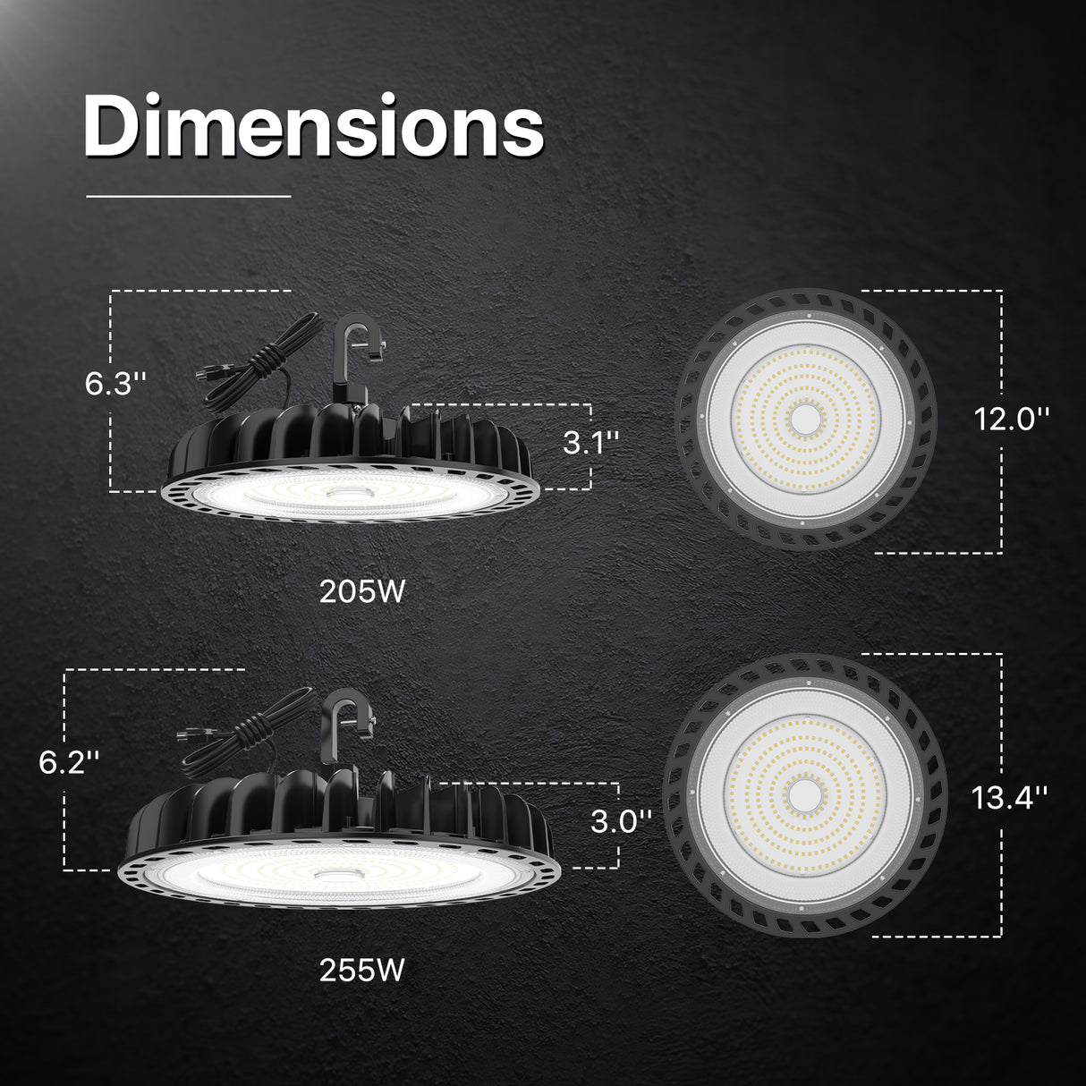 Dimensions of 205W and 255W EC led high bay.