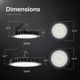 Dimensions of 205W and 255W EC led high bay.