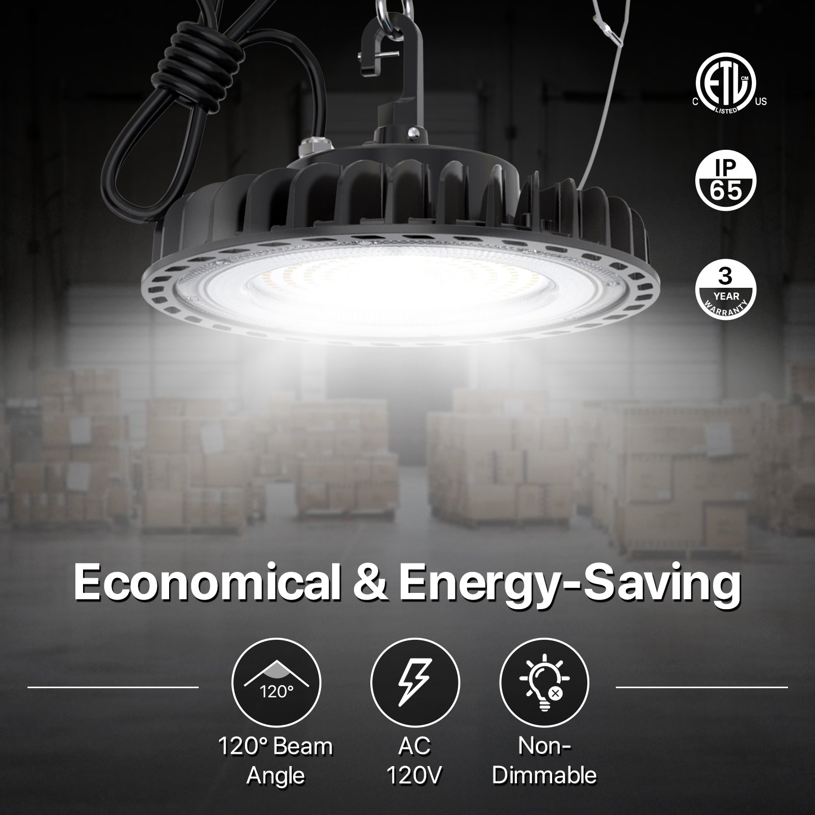 HYPERLITE UFO LED high bay light, economical and energy-saving, AC 120V, ETL listed