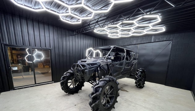 hexagon garage lights installed in a garage 