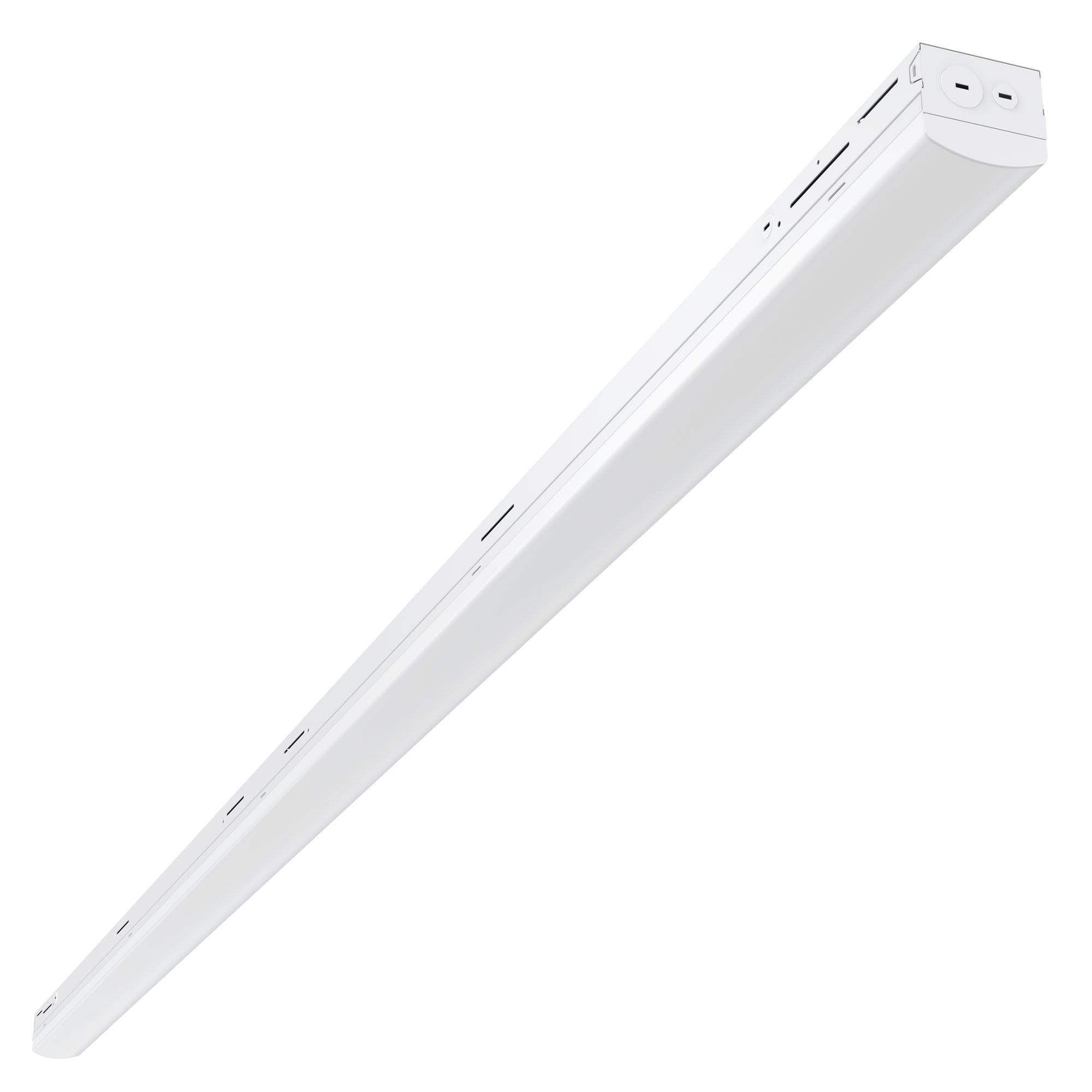 LF04 8ft LED linear fixture angled front view with slim housing design