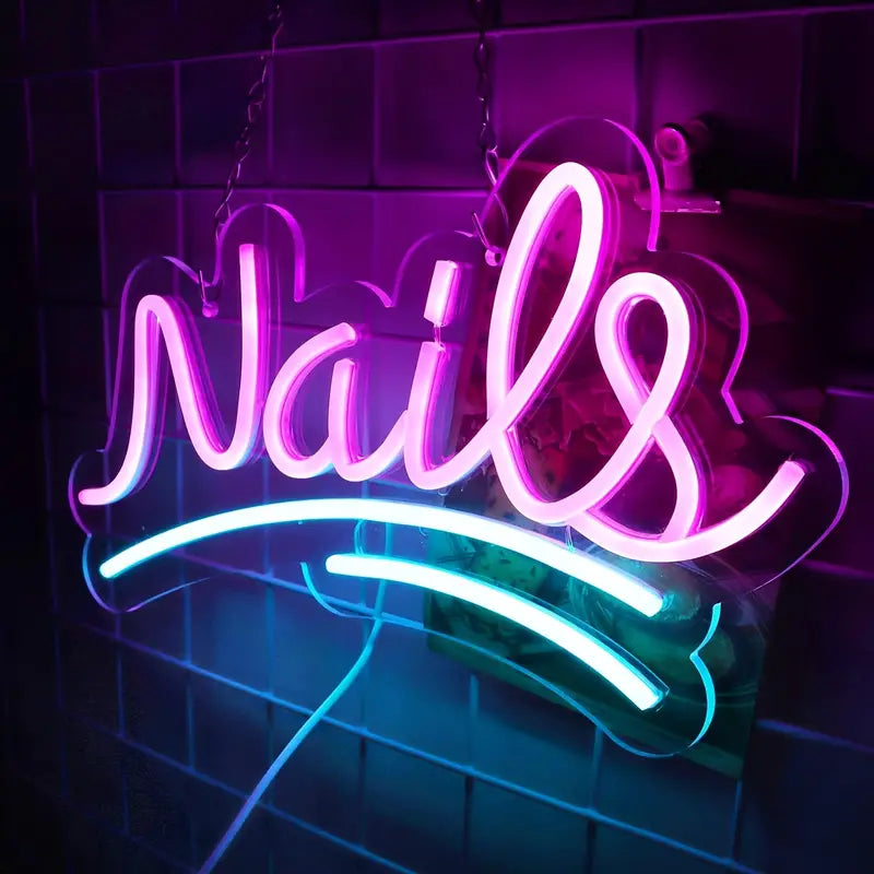 Custom neon signs for nails with vibrant LED lights.