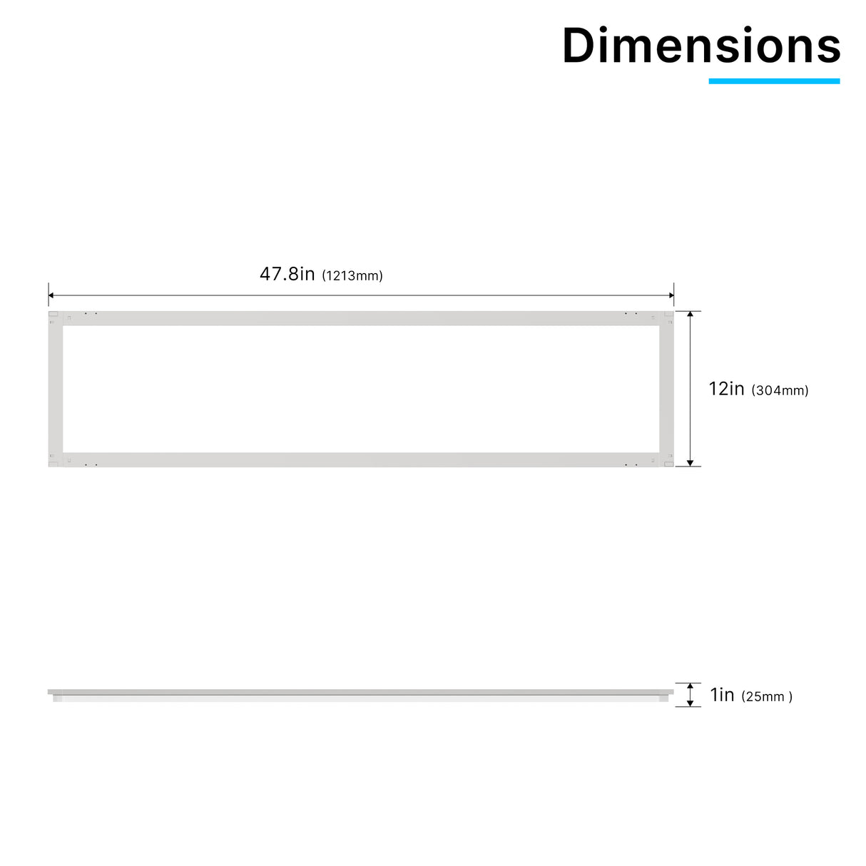 SFL02 1x4ft surround frame LED light dimensions with overall length, width and frame thickness