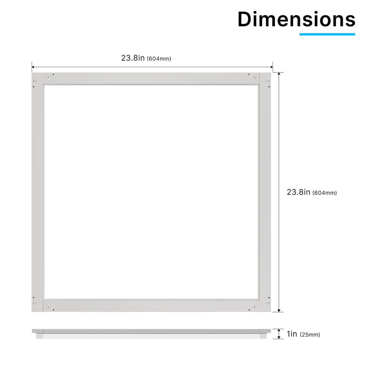 SFL02 2x2ft surround frame LED light dimensions with overall width, height and frame thickness