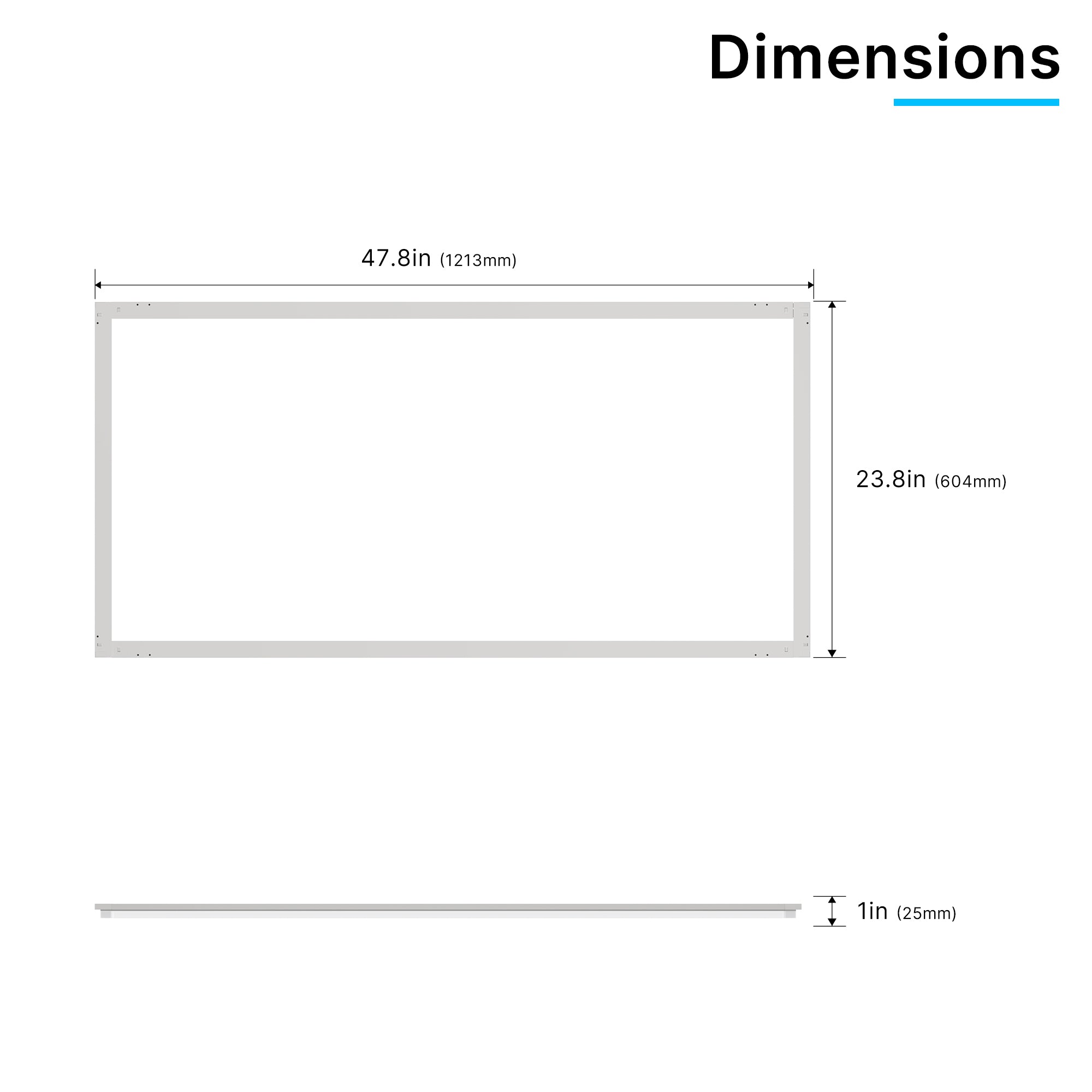 SFL02 2x4ft surround frame LED light dimensions with overall length, width and frame thickness