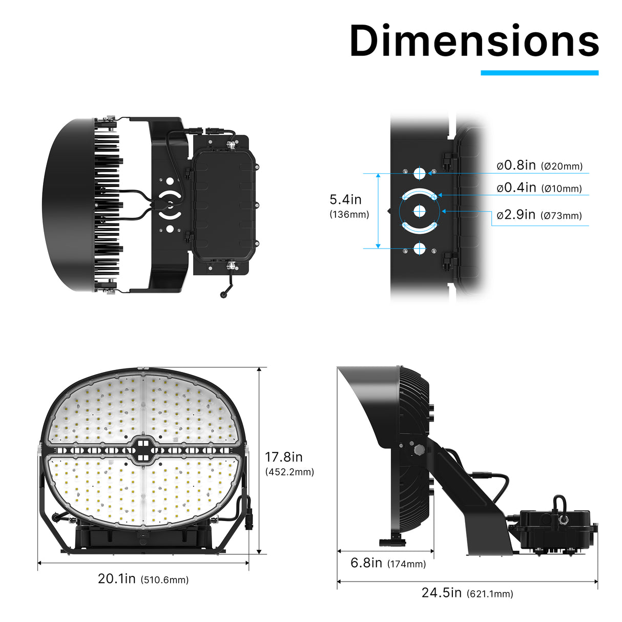 HPSL02-600W LED Sports Light Dimensions and Mounting Size Details