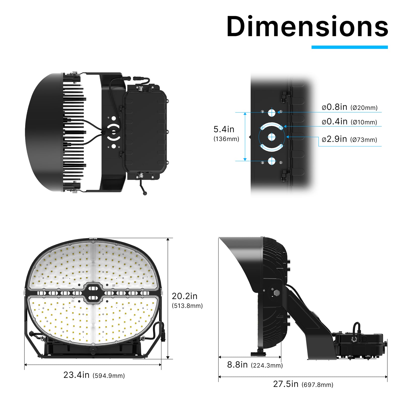 HPSL02 LED Sports Light Dimensions and Installation Size Details