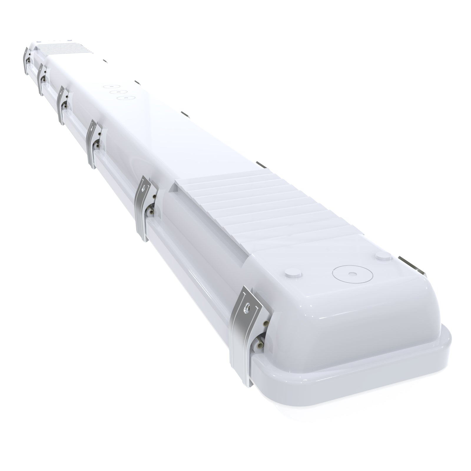 VT04 50W 4ft LED vapor tight light angled front view highlighting sealed waterproof housing and end caps