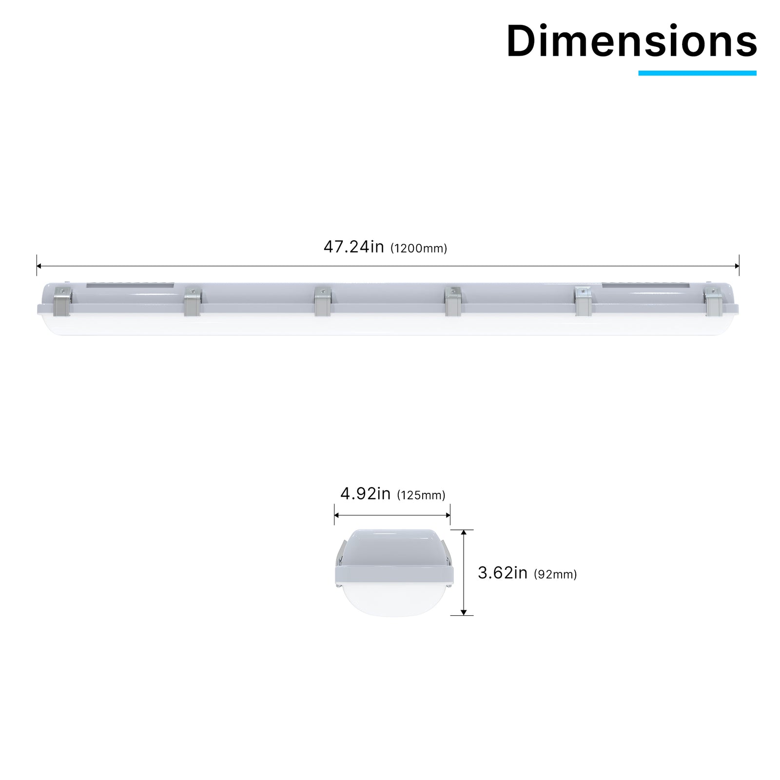 VT04 50W 4ft LED vapor tight light technical dimension drawing showing overall length and housing measurements