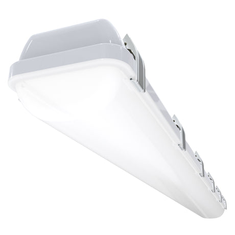VT04 50W 4ft LED vapor tight light main product hero image showing complete fixture with frosted diffuser and sealed housing design
