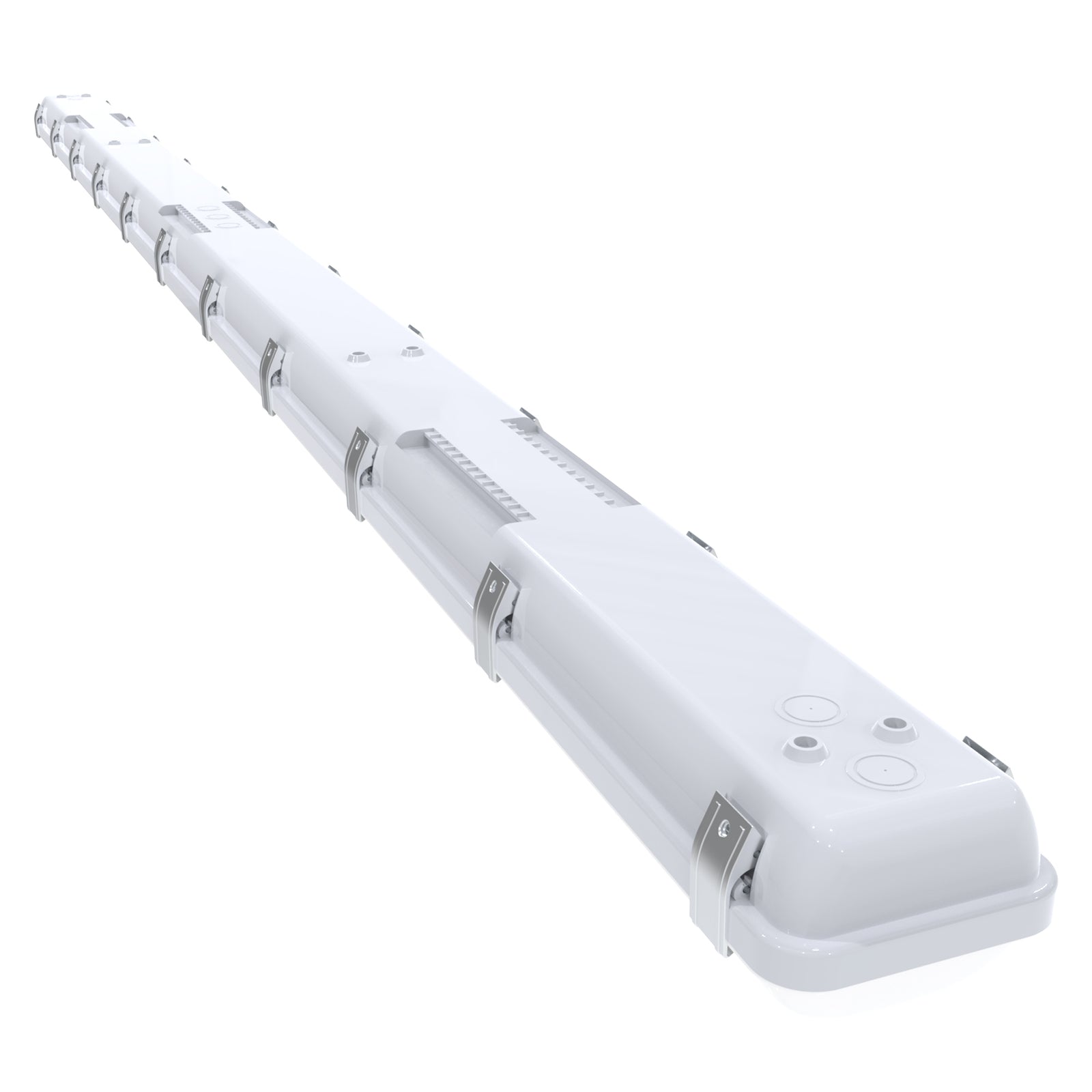 VT04 90W 8ft LED vapor tight light angled perspective view showing sealed waterproof housing and end cap structure