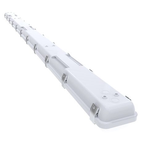 VT04 90W 8ft LED vapor tight light angled perspective view showing sealed waterproof housing and end cap structure