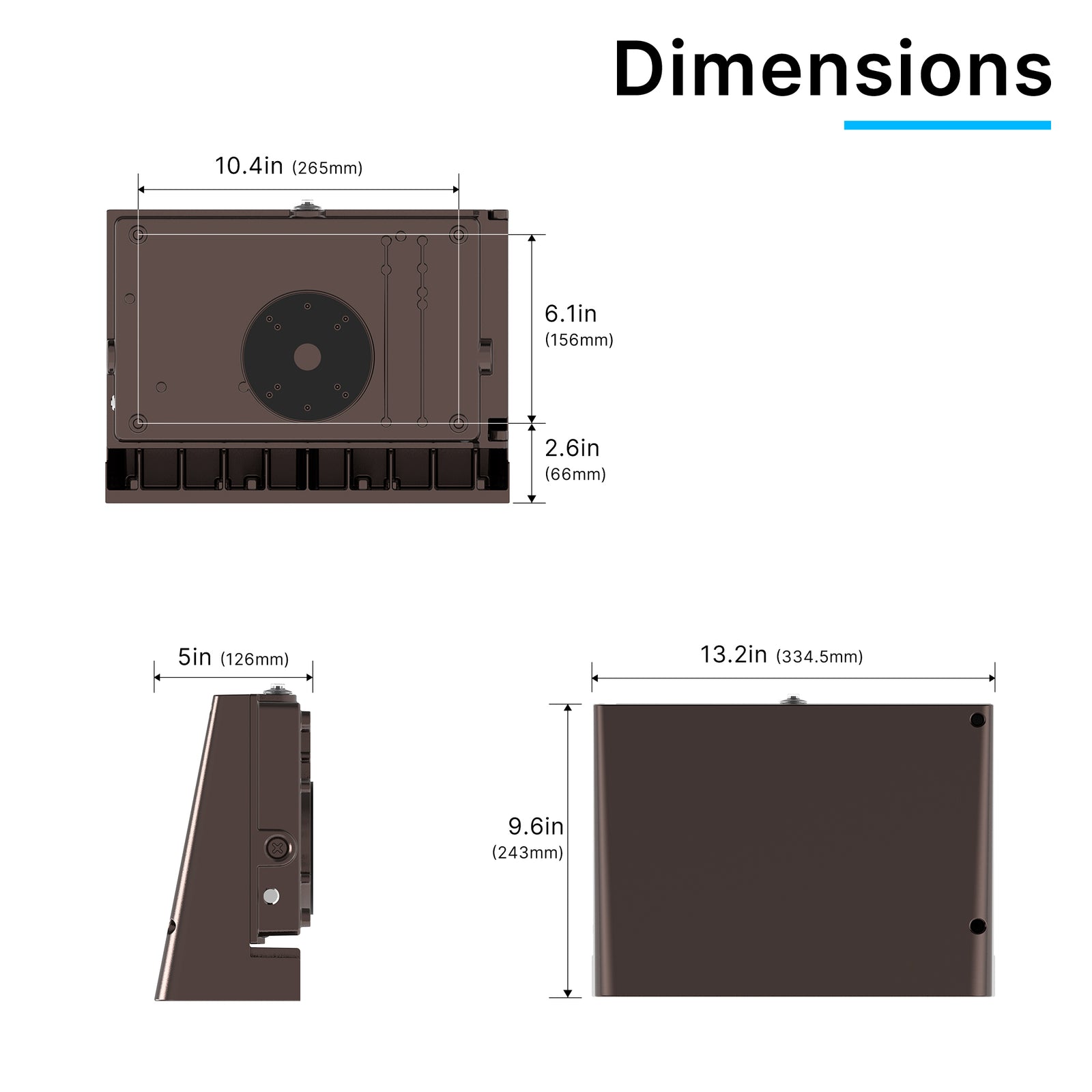 WP02 100W LED Wall Pack Light Dimensions
