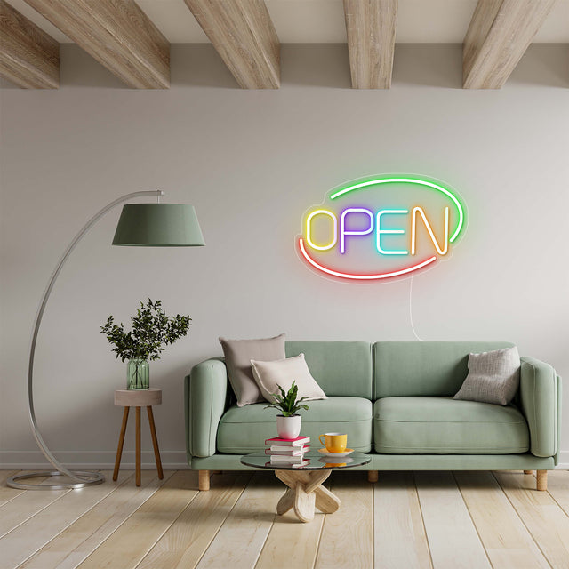 rainbow color open sign turn on 