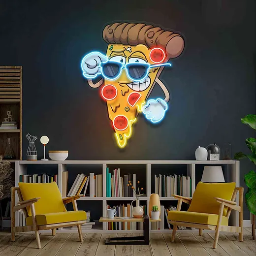 Slice of Pizza Neon Sign with Sunglasses, UV Printed LED Neon Sign