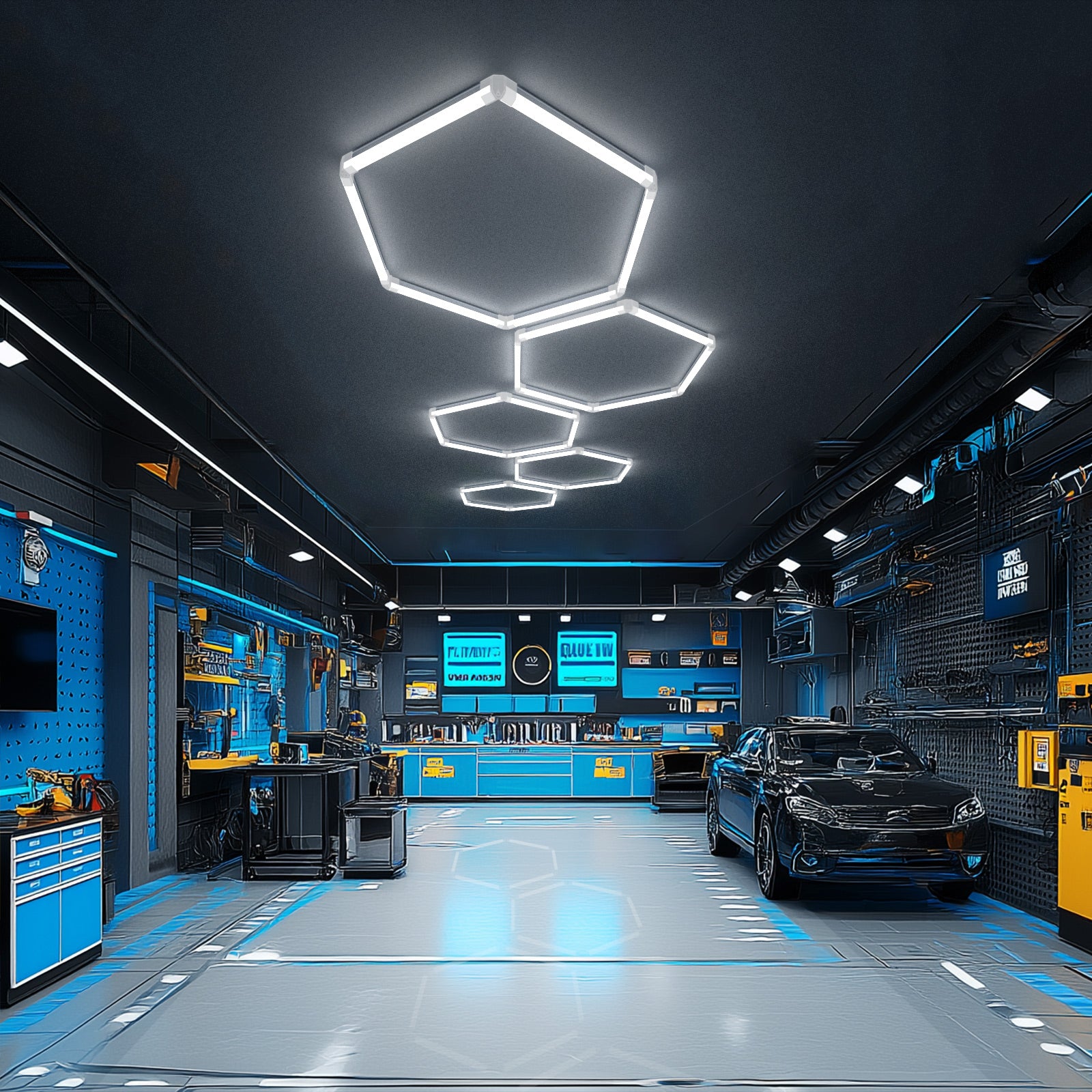 Garage interior with hexagon LED lights and a sports car