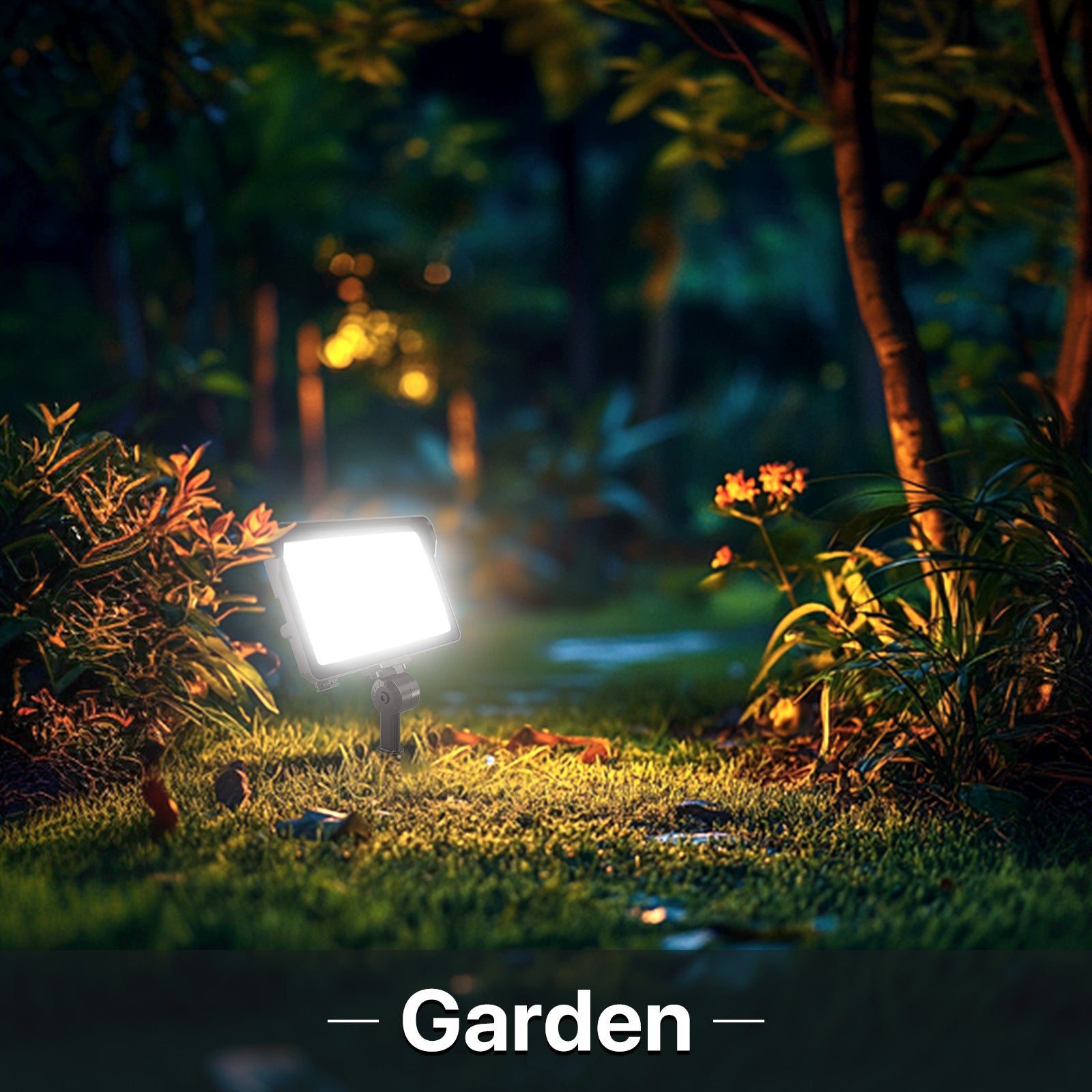 Hyperlite LED flood light in garden, landscape lighting