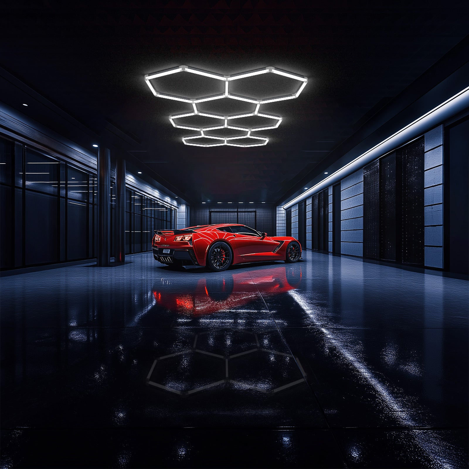 Hyperlite Hexagon Garage Lights illuminating red sports car