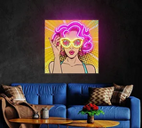 UV-printed neon sign of a woman with pink hair and WOW glasses, glowing brightly against a cozy sofa background, adding a stylish touch to any room decor.