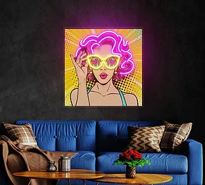 UV-printed neon sign of a woman with pink hair and WOW glasses, glowing brightly against a cozy sofa background, adding a stylish touch to any room decor.