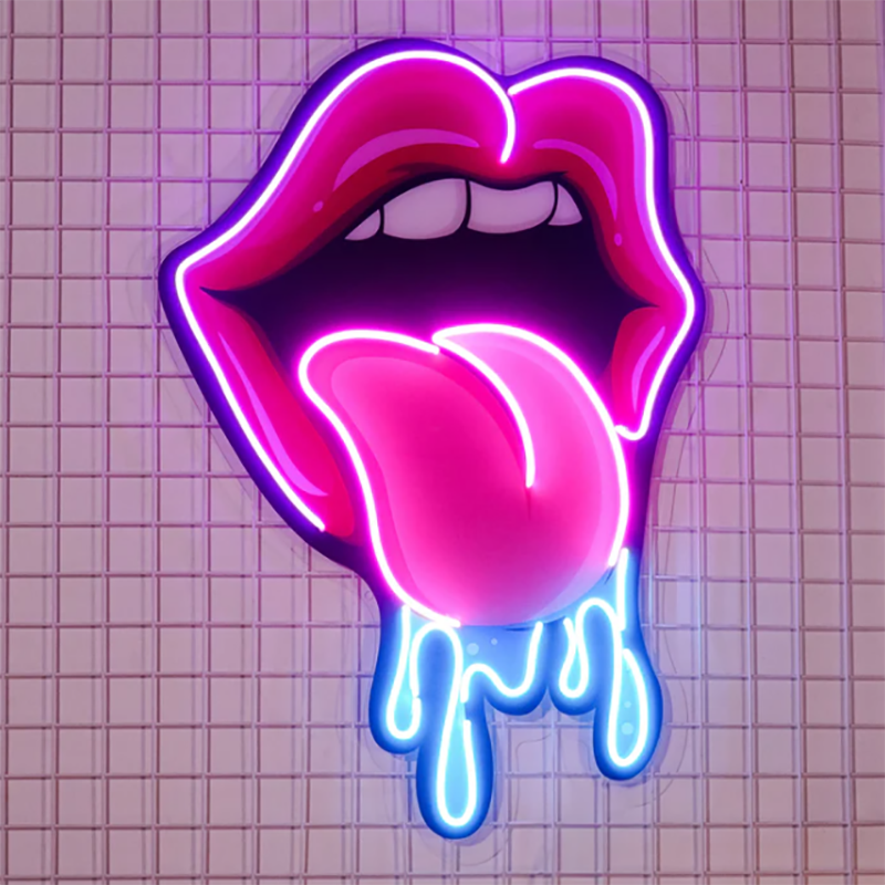 Lips dripping neon sign for modern wall decor, glowing in vibrant pink, perfect for bedroom, lounge, or club spaces.