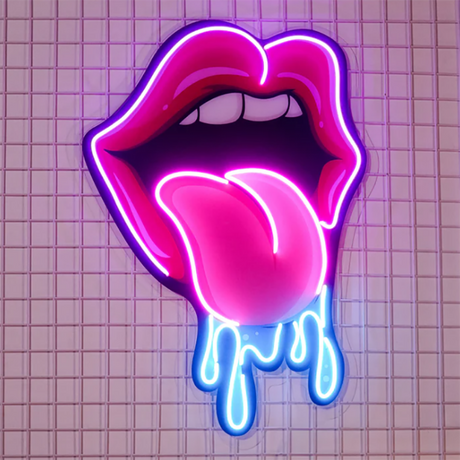 Lips dripping neon sign for modern wall decor, glowing in vibrant pink, perfect for bedroom, lounge, or club spaces.