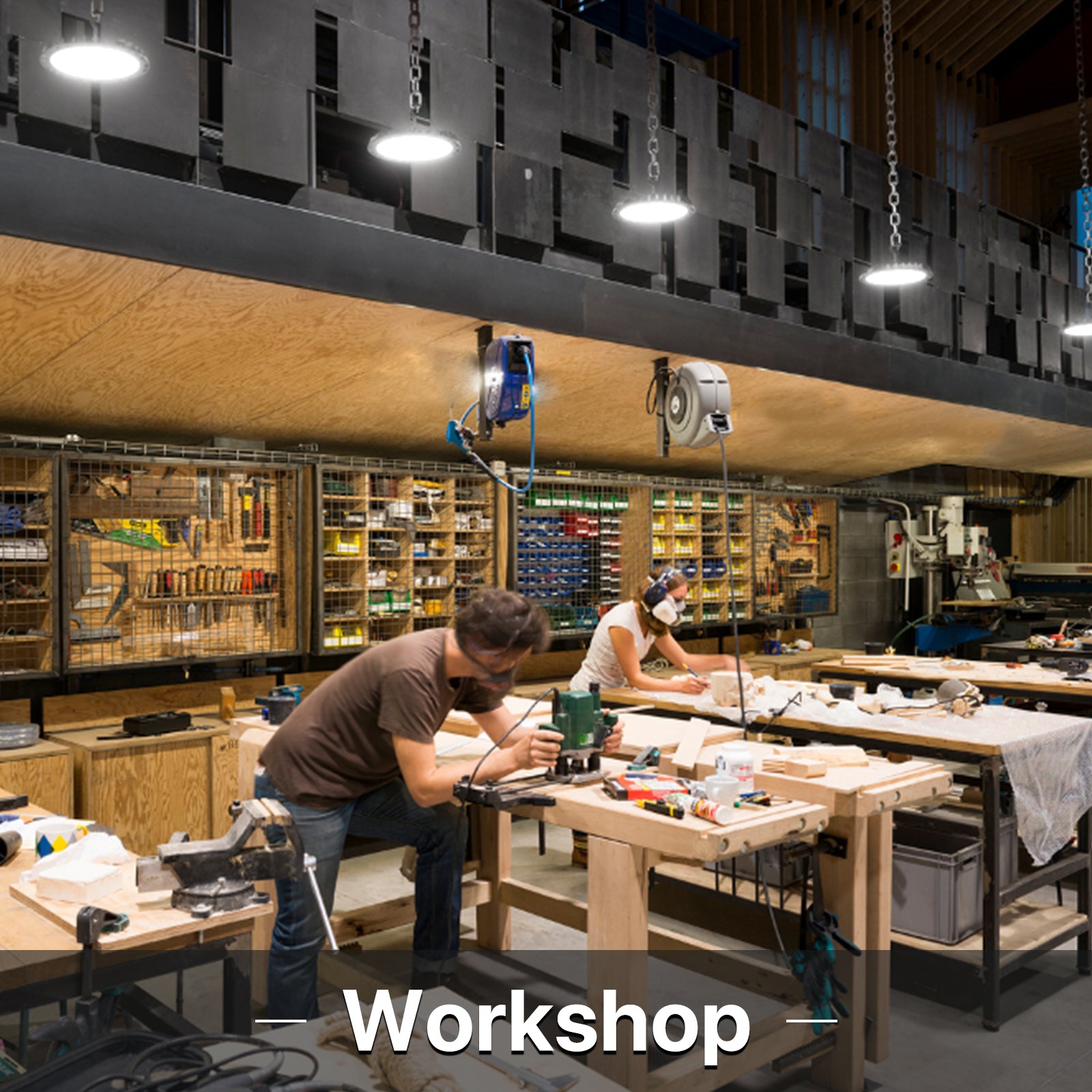 Workshop with Hyperlite high bay lights installed