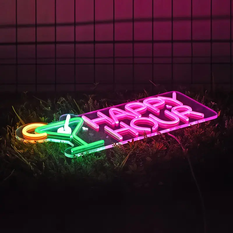 Happy Hour LED Neon Sign in vibrant colors, cocktail-shaped lighting
