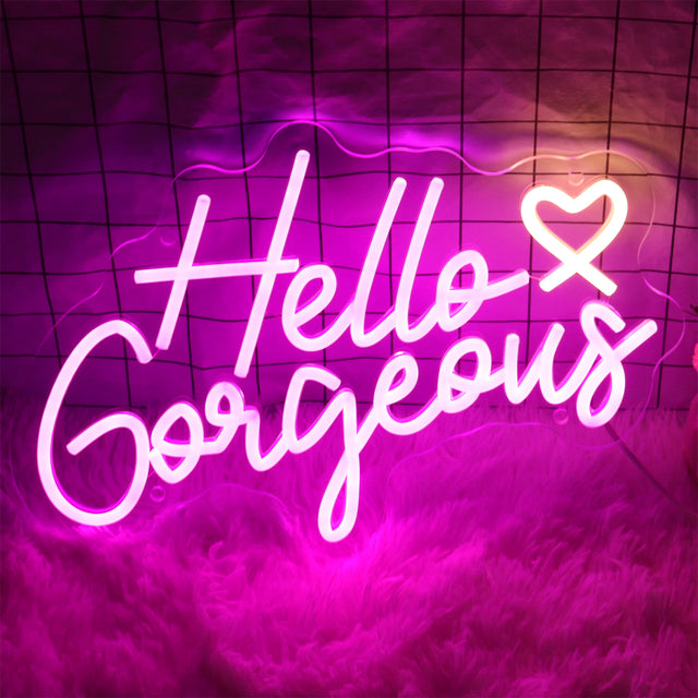 "Hello Gorgeous" personalized neon sign for stylish bedroom décor.