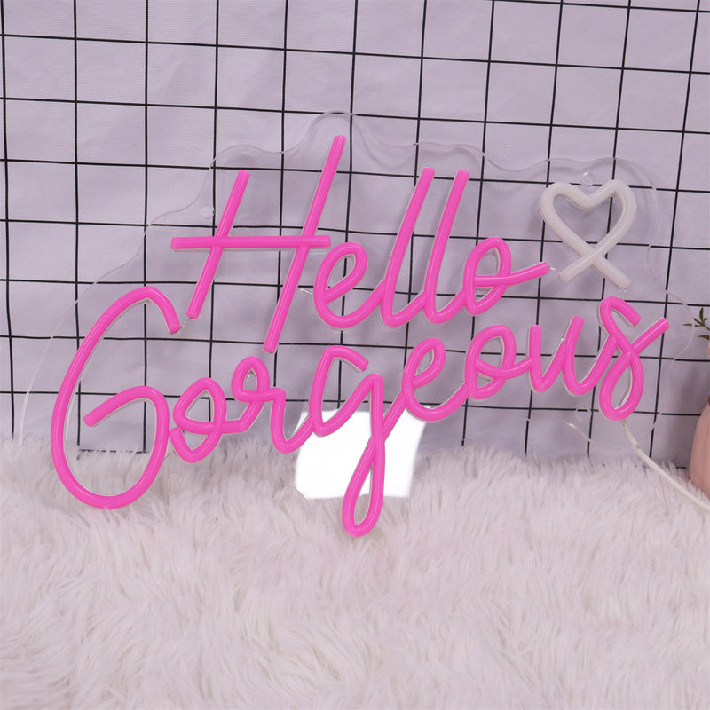 Hello Gorgeous neon sign with heart design
