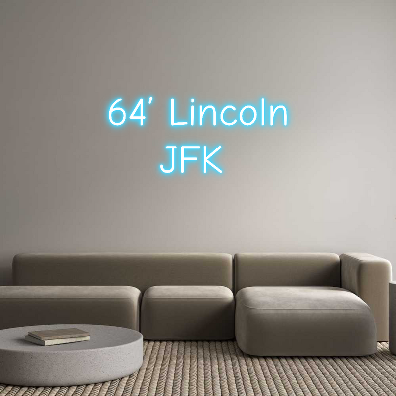 Custom neon light with text '64' Lincoln JFK' in light blue, mounted on a wall, featuring a modern living room.