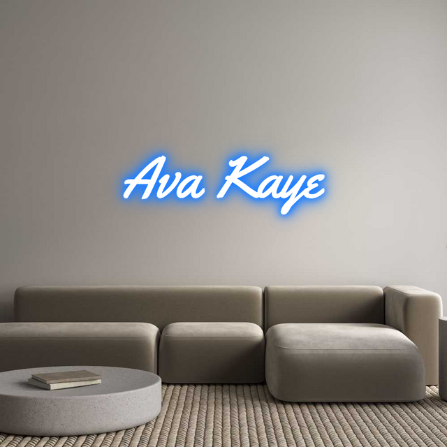 Custom neon sign 'Ava Kaye' in super blue, wall mounted, for indoor use. Yellowtail font, center aligned, rectangle board.