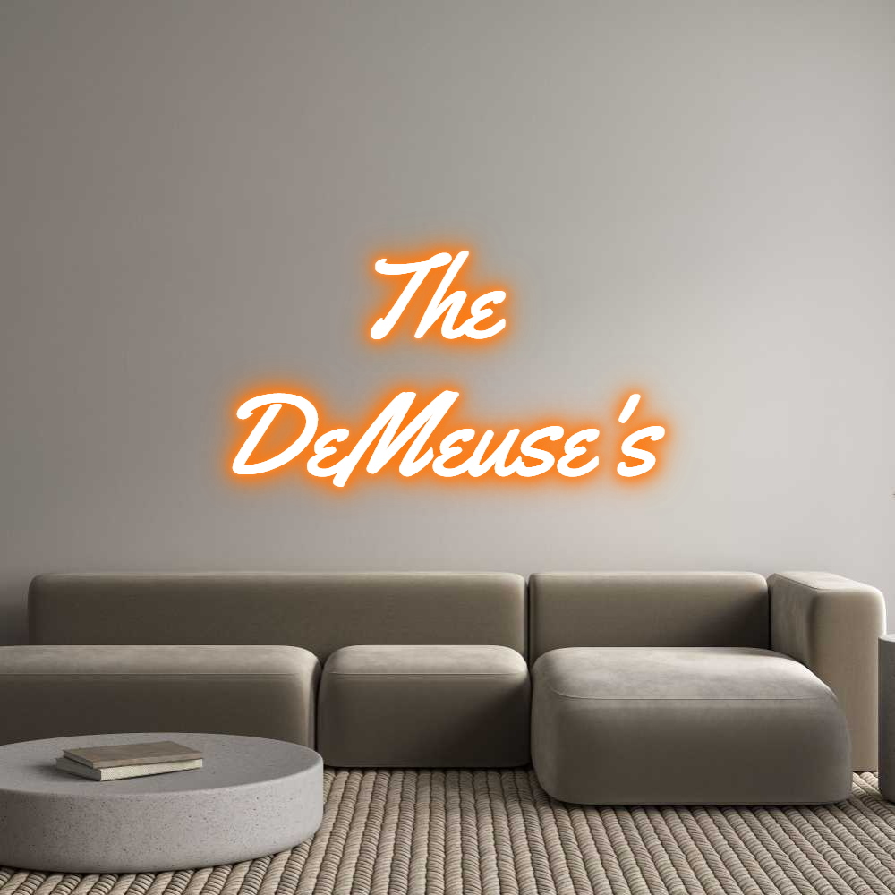 Custom neon light sign for The DeMeuse's in orange, wall mounted, perfect for home decor.