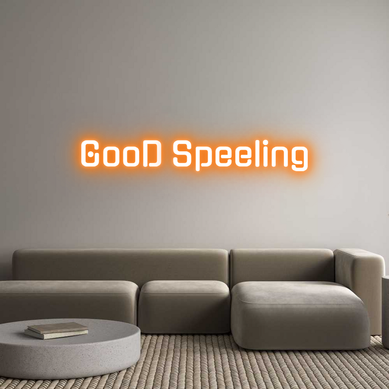 Custom Neon Light GooD Speeling, Orange Gugi font, wall-mounted, indoor use.