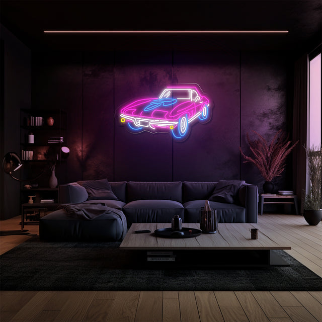 Corvette-themed neon wall sign with glowing pink, blue, and white hues, perfect for auto enthusiasts' living rooms, garages, or stylish bar setups.