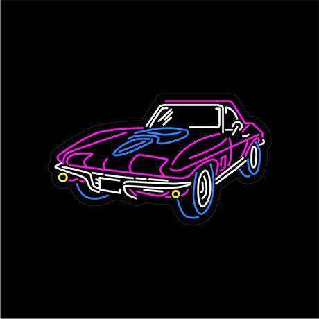 Neon Corvette wall decor featuring vibrant pink, blue, and white colors, ideal for adding a retro vibe to game rooms, garages, or man caves.