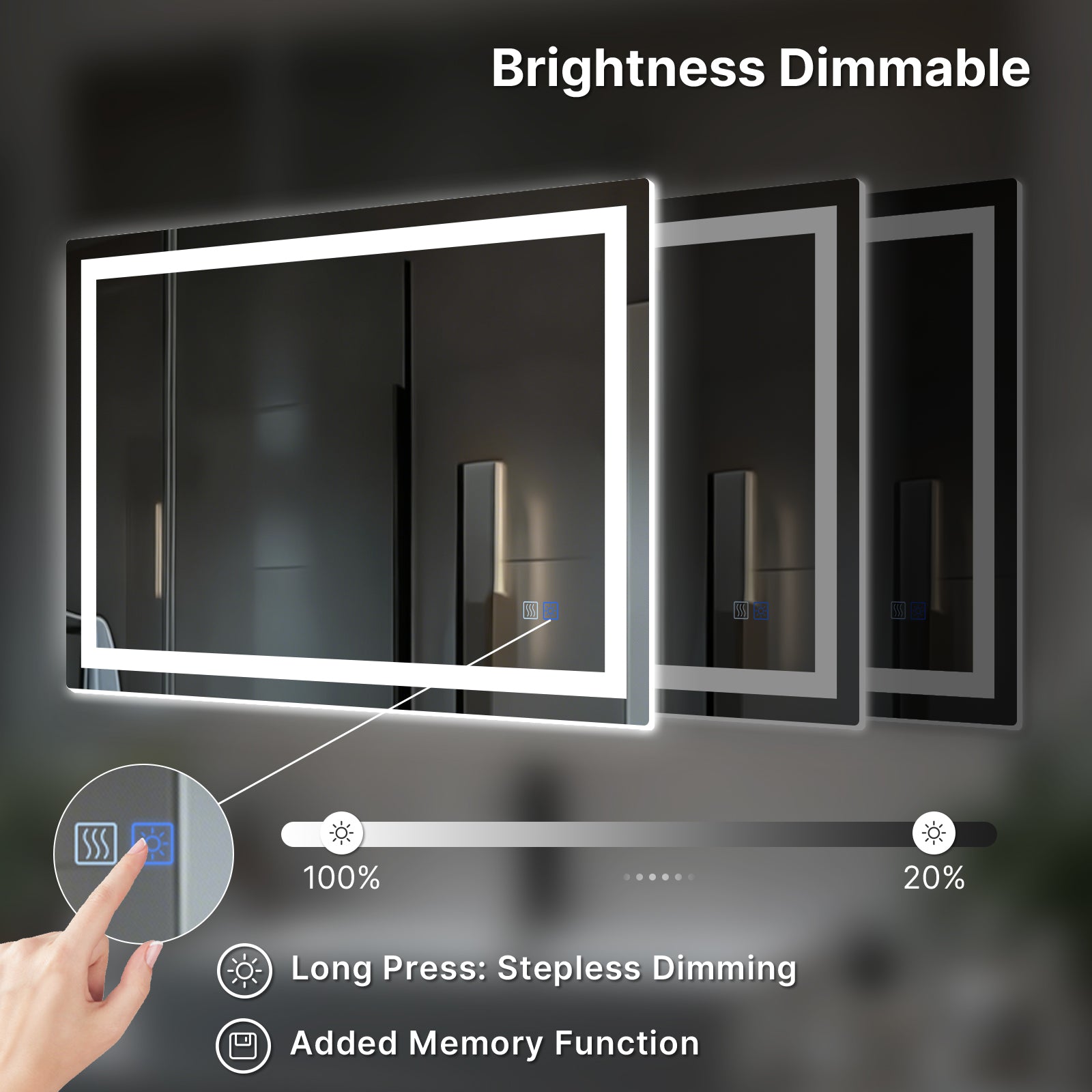 LED lighted mirror with brightness dimmer control on a dark background