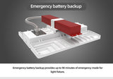 Emergency battery backup provides up to 90 minutes of emergency mode for light fixture.