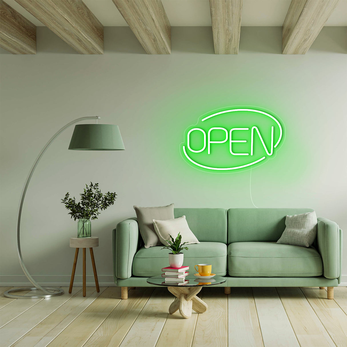 Open Neon Sign Light in green