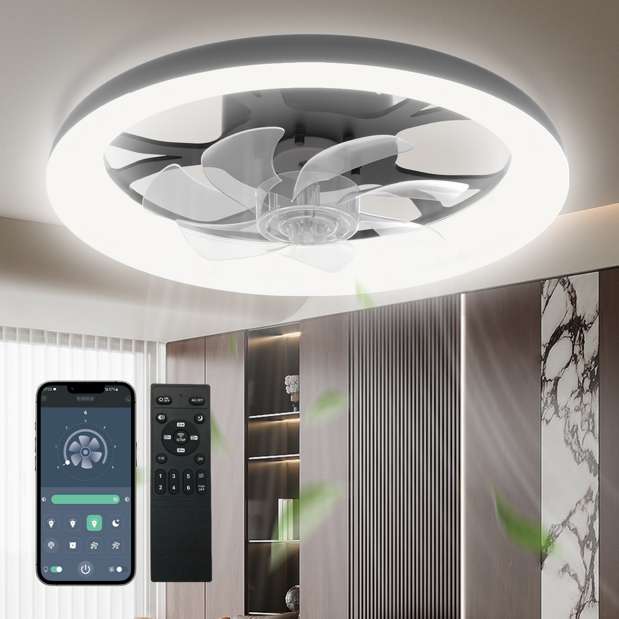 LED Ceiling Fan with Light – App/Remote, 3-Color CCT, 6 Speeds, Flush Mount, Night Mode, Timer, Polished Finish
