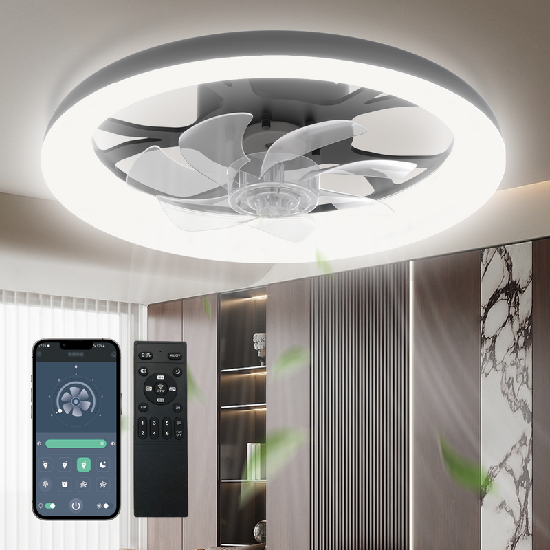 LED Ceiling Fan with Light – App/Remote, 3-Color CCT, 6 Speeds, Flush Mount, Night Mode, Timer, Polished Finish