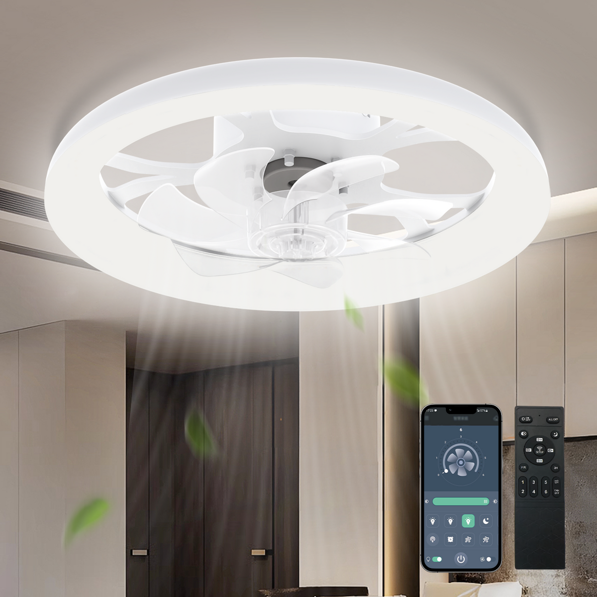 LED Ceiling Fan with Light – App/Remote, 3-Color CCT, 6 Speeds, Flush Mount, Night Mode, Timer, Polished Finish