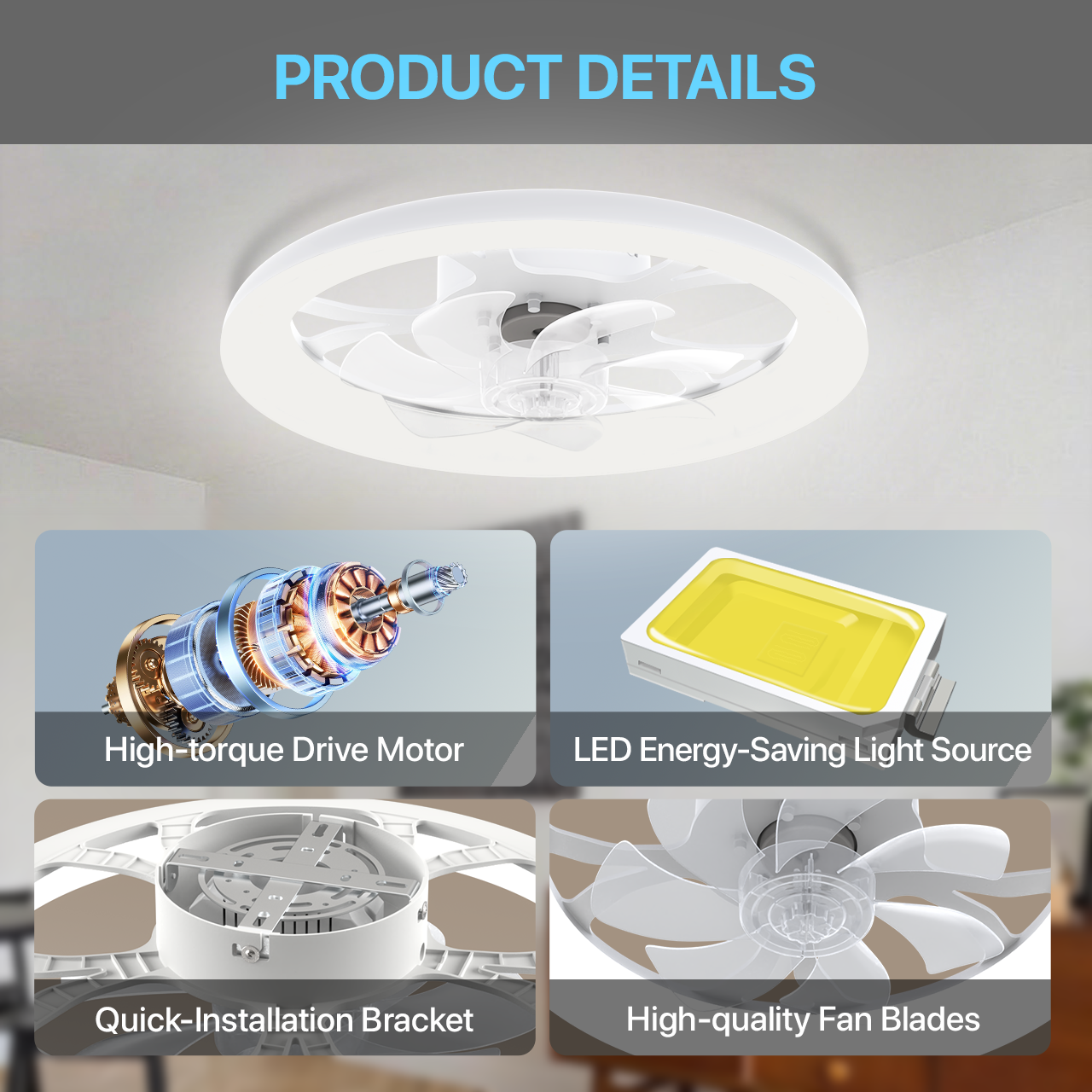 LED Ceiling Fan with Light – App/Remote, 3-Color CCT, 6 Speeds, Flush Mount, Night Mode, Timer, Polished Finish
