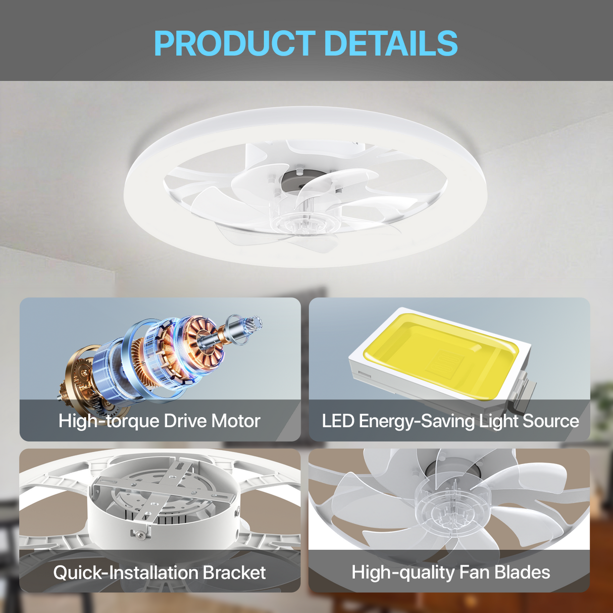LED Ceiling Fan with Light – App/Remote, 3-Color CCT, 6 Speeds, Flush Mount, Night Mode, Timer, Polished Finish