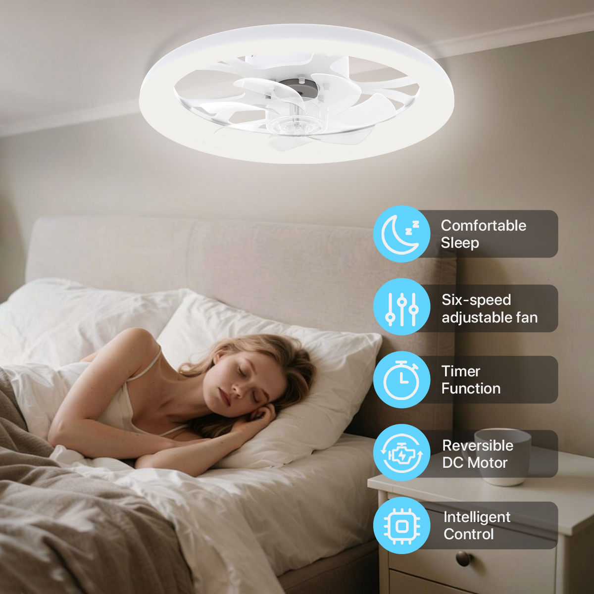 LED Ceiling Fan with Light – App/Remote, 3-Color CCT, 6 Speeds, Flush Mount, Night Mode, Timer, Polished Finish