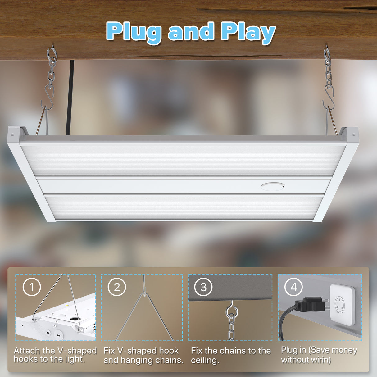plug and play linear high bay lights easy installation no electrician needed.